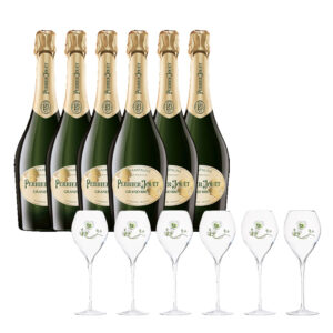 6 x Perrier Jouet Grand Brut N.V. Champagne Bottles 750mL + 6 glasses of Perrier Jouet Champagne Flutes